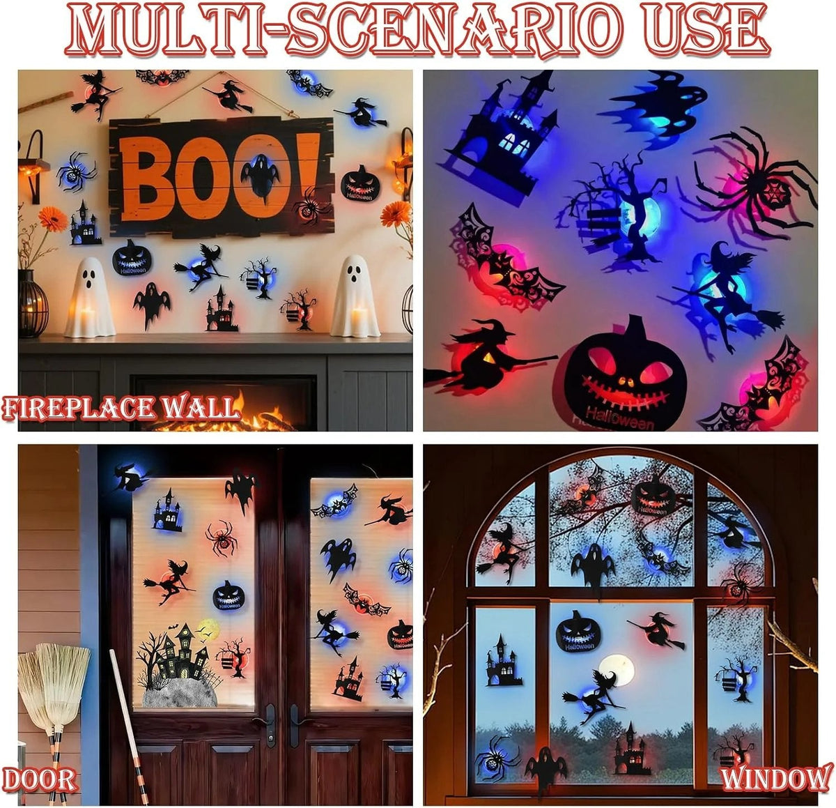 π8 Pack Halloween LED Silhouette Wall Light Stickers. Battery Powered Peel & Stick Decor Lights