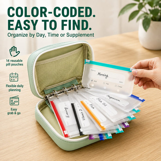 🔥LAST DAY SALE 49% OFF-✨2‑Week Pill Organizer Binder Case | 14 Reusable Color‑Coded Pill Pouch💊 Travel Waterproof Medication Storage Bag for Vitamins Supplements