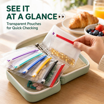 🔥LAST DAY SALE 49% OFF-✨2‑Week Pill Organizer Binder Case | 14 Reusable Color‑Coded Pill Pouch💊 Travel Waterproof Medication Storage Bag for Vitamins Supplements