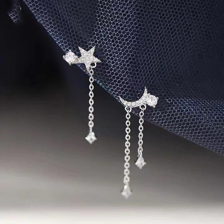 925 Silver Asymmetrical Star and Moon Earrings