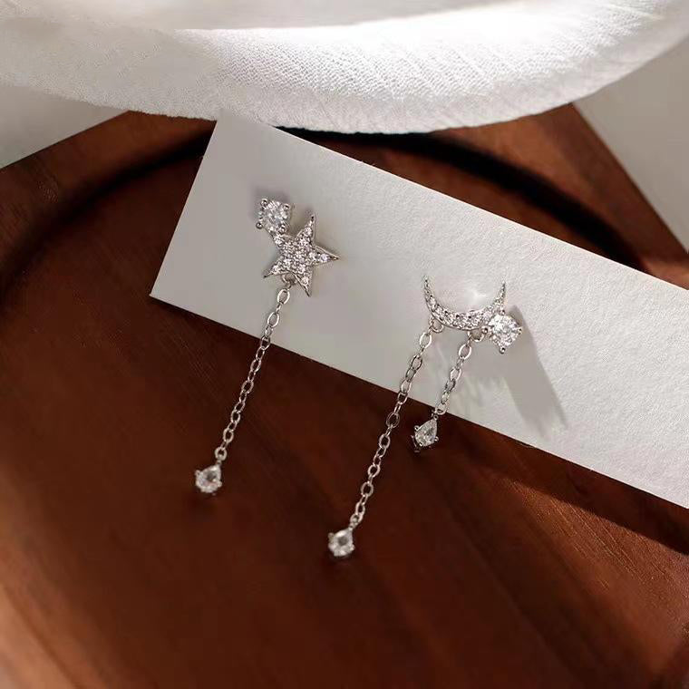 925 Silver Asymmetrical Star and Moon Earrings