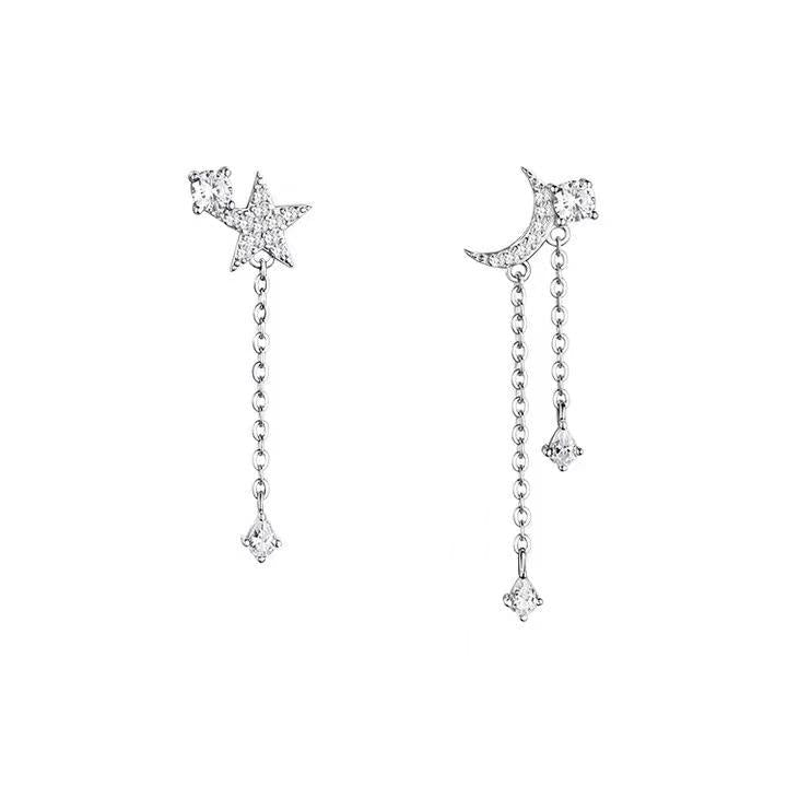 925 Silver Asymmetrical Star and Moon Earrings