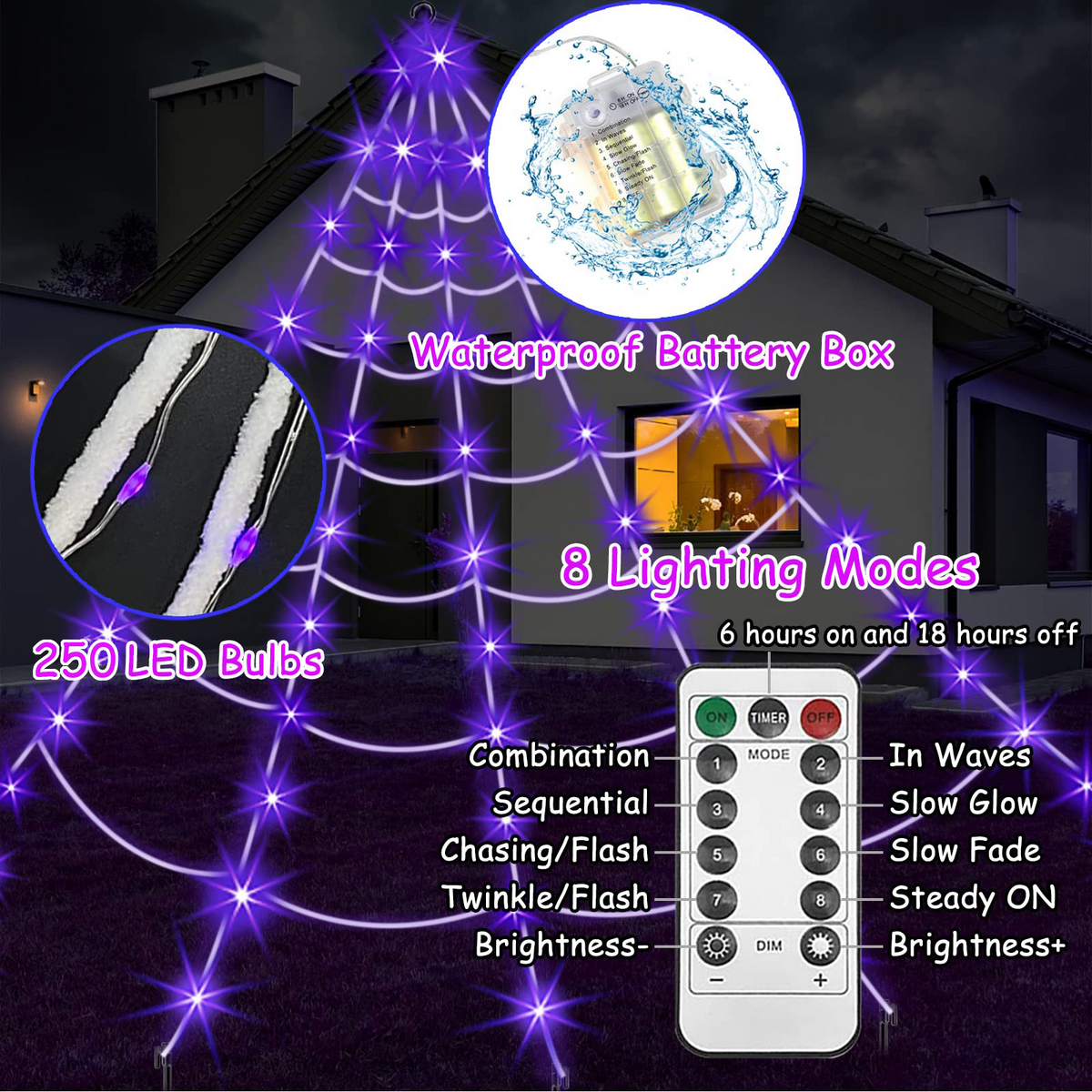 🕸️Spider Web Lights – 8 Modes with Remote & Timer
