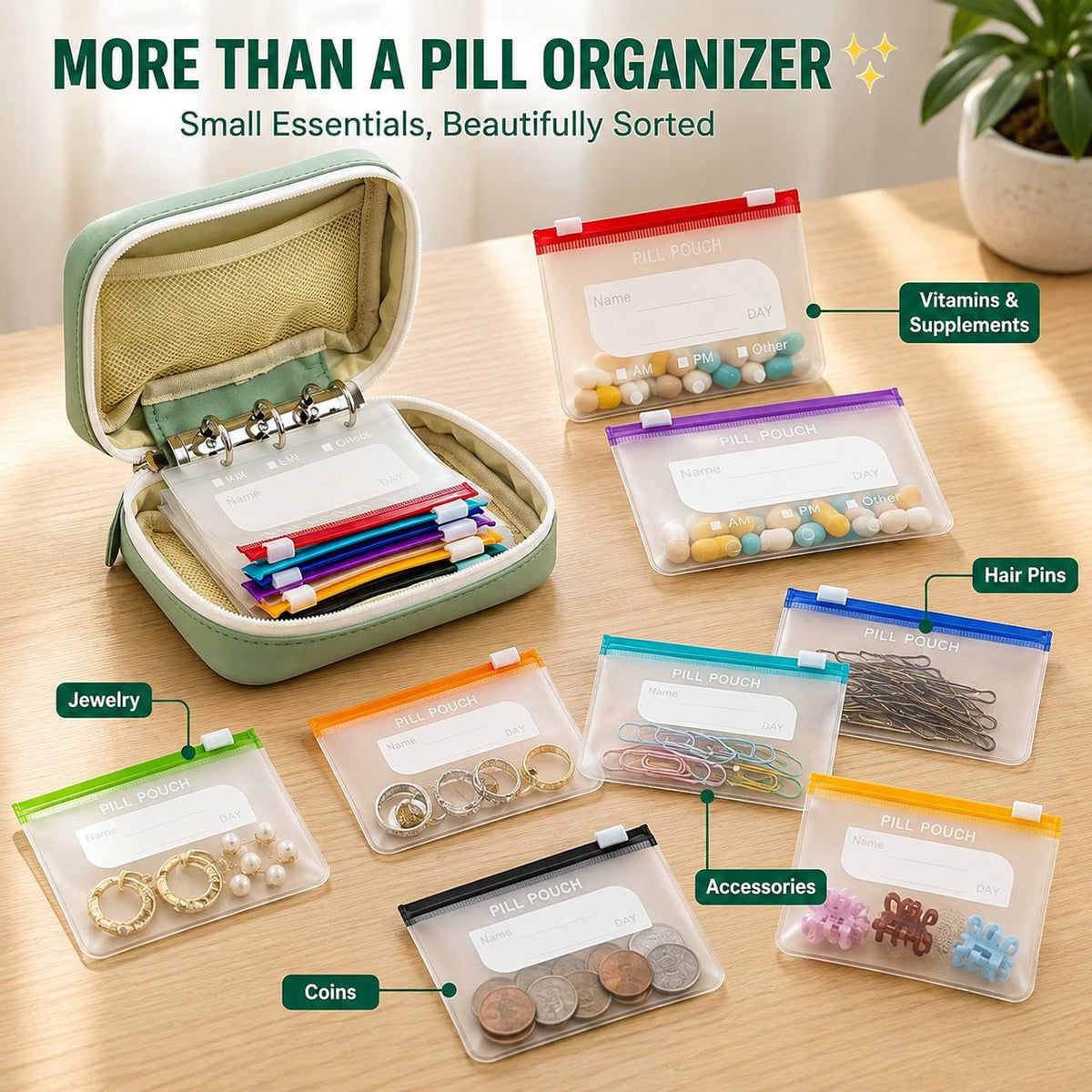 🔥LAST DAY SALE 49% OFF-✨2‑Week Pill Organizer Binder Case | 14 Reusable Color‑Coded Pill Pouch💊 Travel Waterproof Medication Storage Bag for Vitamins Supplements