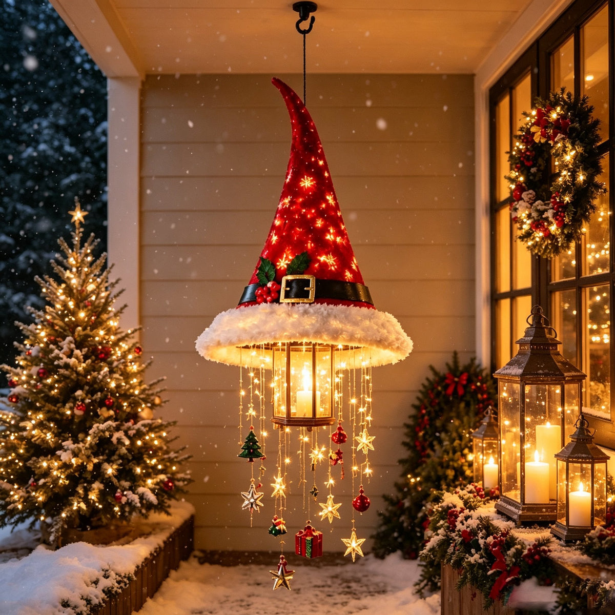 🎅✨ Lighted Santa Hat Hanging Chandelier