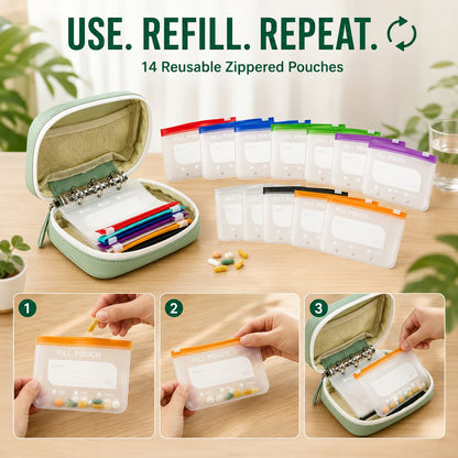 🔥LAST DAY SALE 49% OFF-✨2‑Week Pill Organizer Binder Case | 14 Reusable Color‑Coded Pill Pouch💊 Travel Waterproof Medication Storage Bag for Vitamins Supplements
