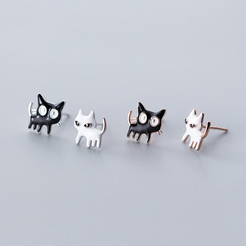 925 Silver Black+ White Cat Earrings