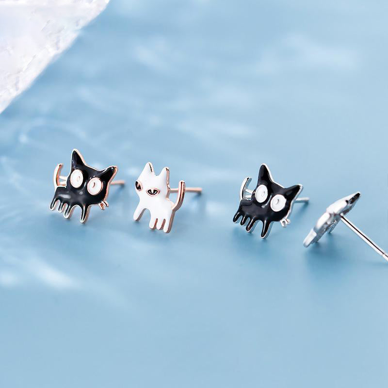 925 Silver Black+ White Cat Earrings