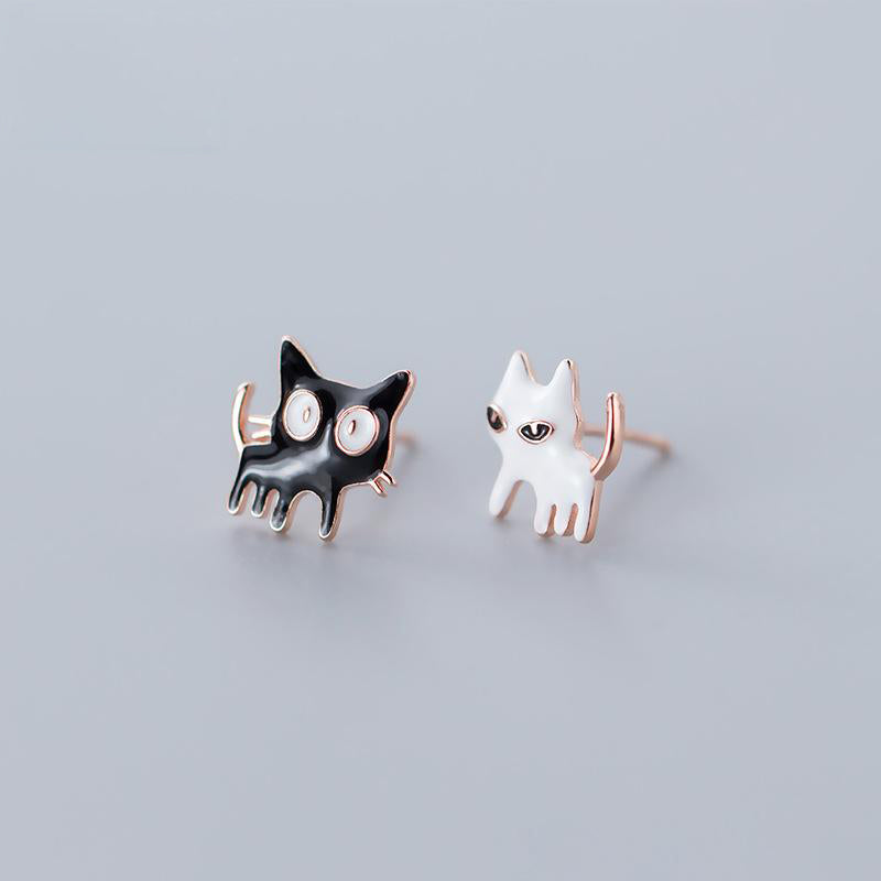 925 Silver Black+ White Cat Earrings