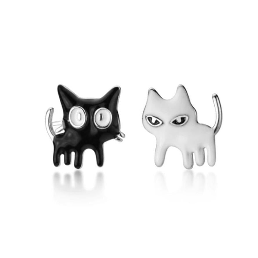 925 Silver Black+ White Cat Earrings