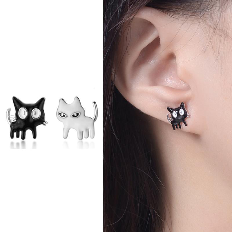 925 Silver Black+ White Cat Earrings