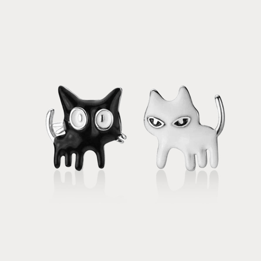 925 Silver Black+ White Cat Earrings