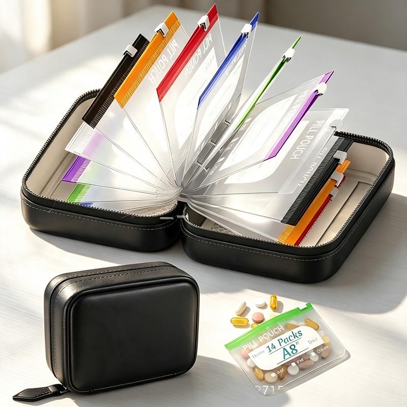 🔥LAST DAY SALE 49% OFF-✨2‑Week Pill Organizer Binder Case | 14 Reusable Color‑Coded Pill Pouch💊 Travel Waterproof Medication Storage Bag for Vitamins Supplements
