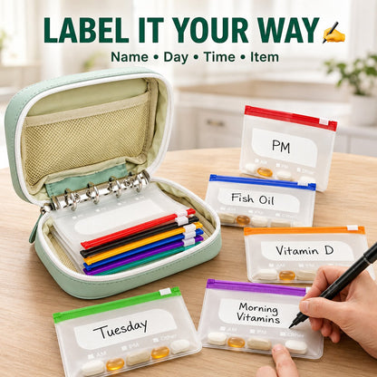 🔥LAST DAY SALE 49% OFF-✨2‑Week Pill Organizer Binder Case | 14 Reusable Color‑Coded Pill Pouch💊 Travel Waterproof Medication Storage Bag for Vitamins Supplements