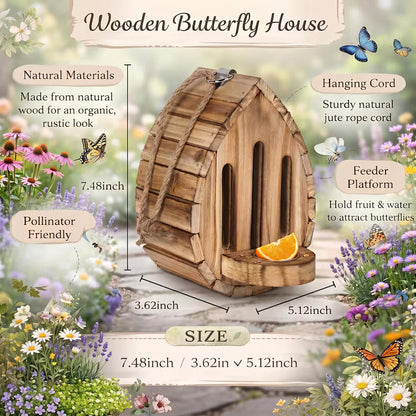 🔥100% Hand-Carved from Solid Wood -🦋Handmade Garden Butterfly House with Feeder Station