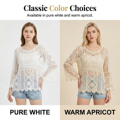 👒 🌊 Women's Vintage-Inspired Lace Cover-Up Blouse – Flare Sleeves. Bohemian Beachwear 🌸