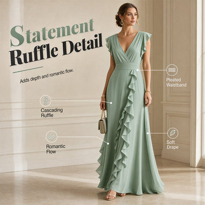 Women's V-Neck Ruffled Chiffon Maxi Dress