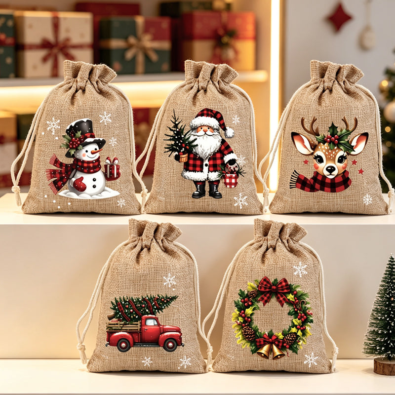 🎁 Christmas Drawstring Gift Bags – Festive Santa & Reindeer Prints. Double Drawstring Closure & Durable Fabric – Holiday Cheer in Every Gift ✨
