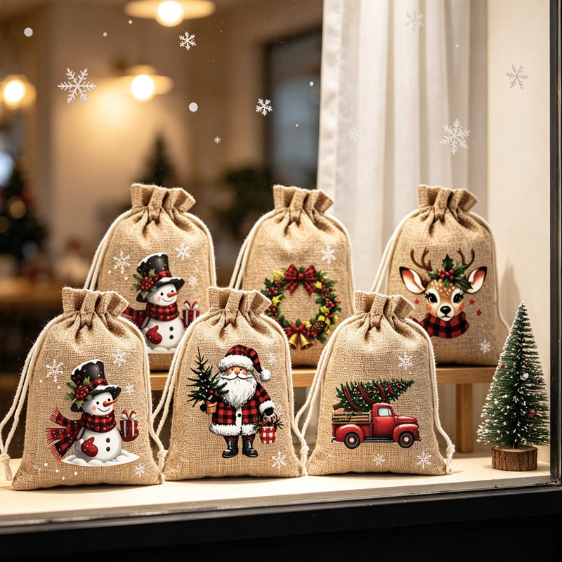 🎁 Christmas Drawstring Gift Bags – Festive Santa & Reindeer Prints. Double Drawstring Closure & Durable Fabric – Holiday Cheer in Every Gift ✨
